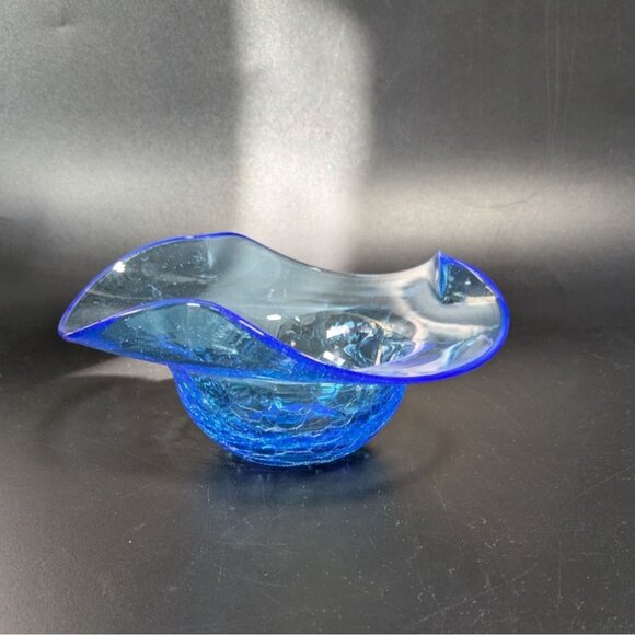 Handcrafted Blue Crackle Art Glass Bowl With Flared Rim Decoration - Picture 2 of 11